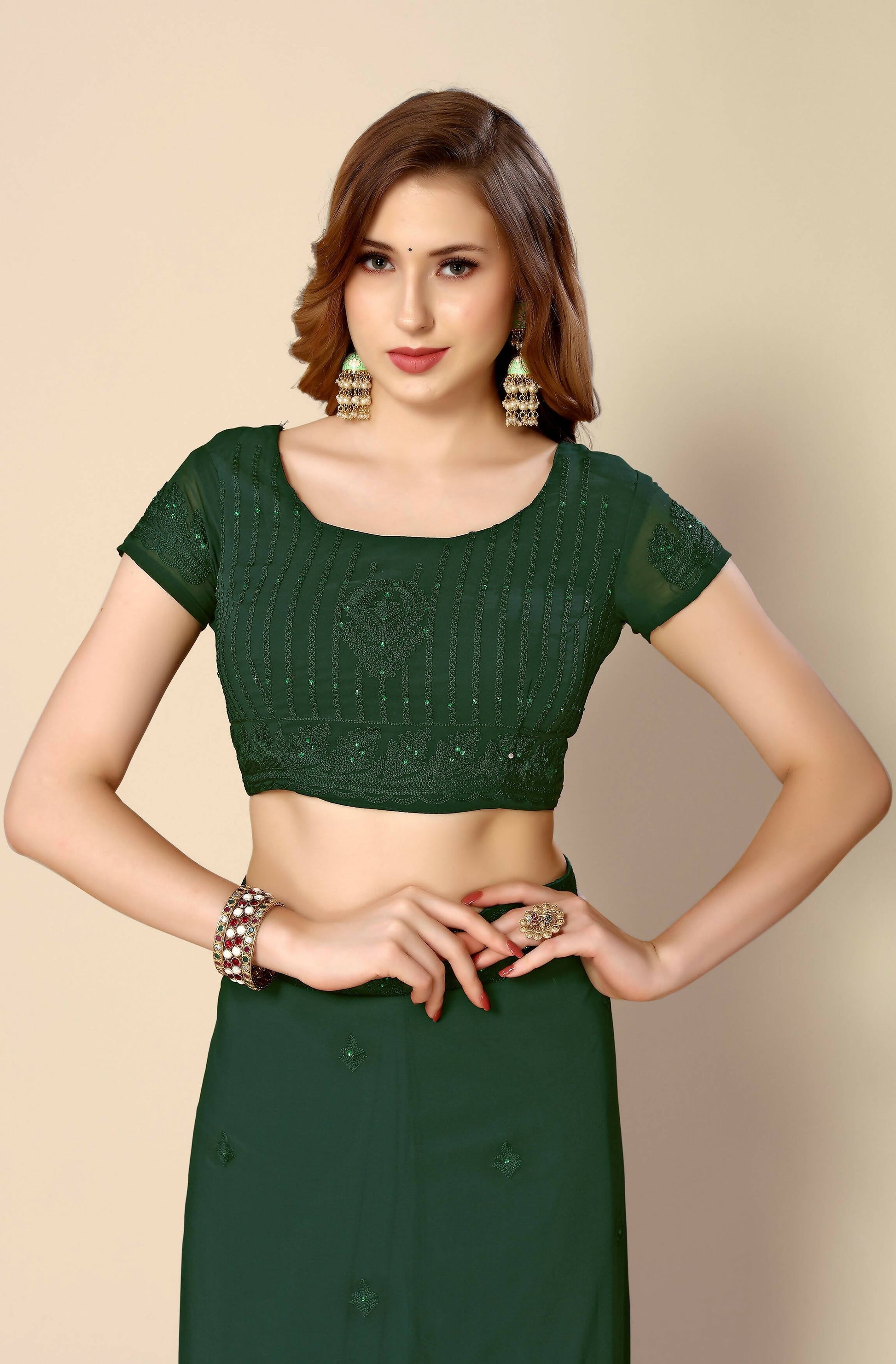 Green Georgette Embroidered and Stone Work Saree with Unstitched Blouse Piece - Roozal