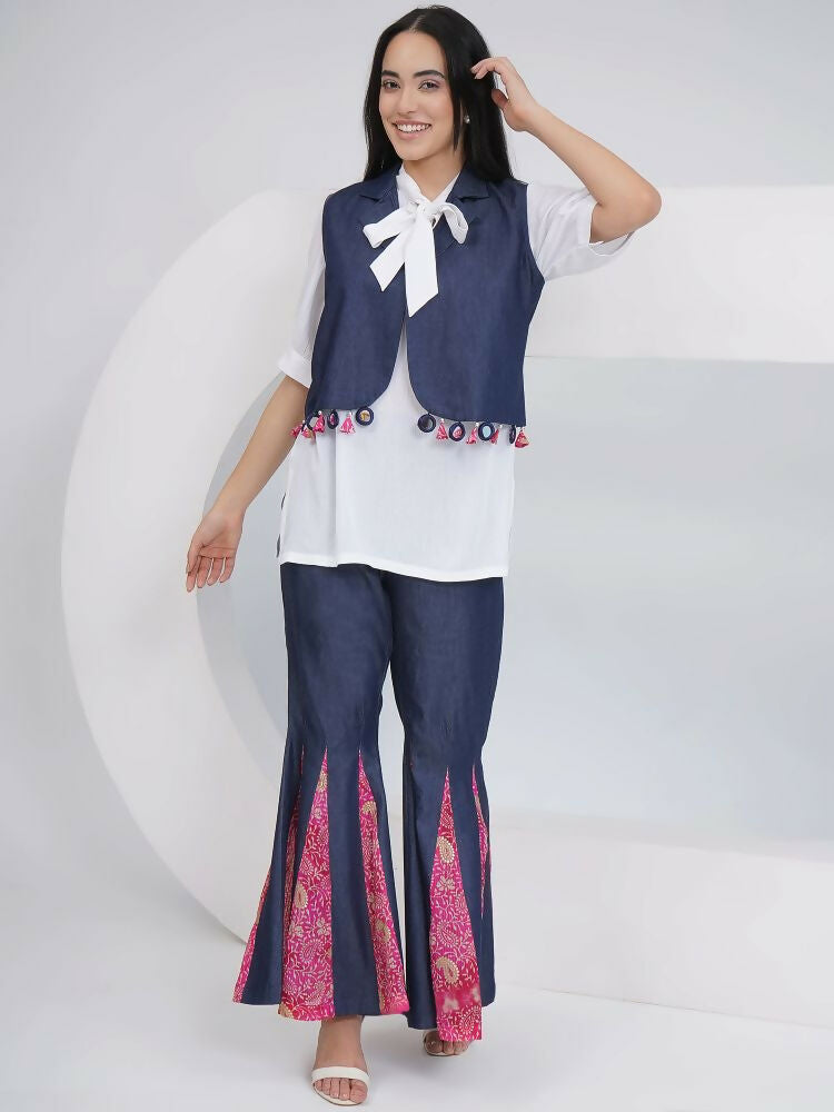 Joban Fashion White Rayon Crepe Hand-Embellished (Mirror Work) Sharara with Shirt and Jacket