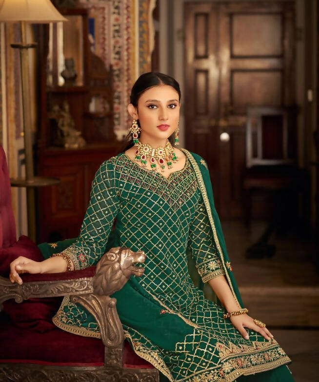 Green Heavy Chinon Semi Stitched Kurta with Bottom & Dupatta - Dhvani