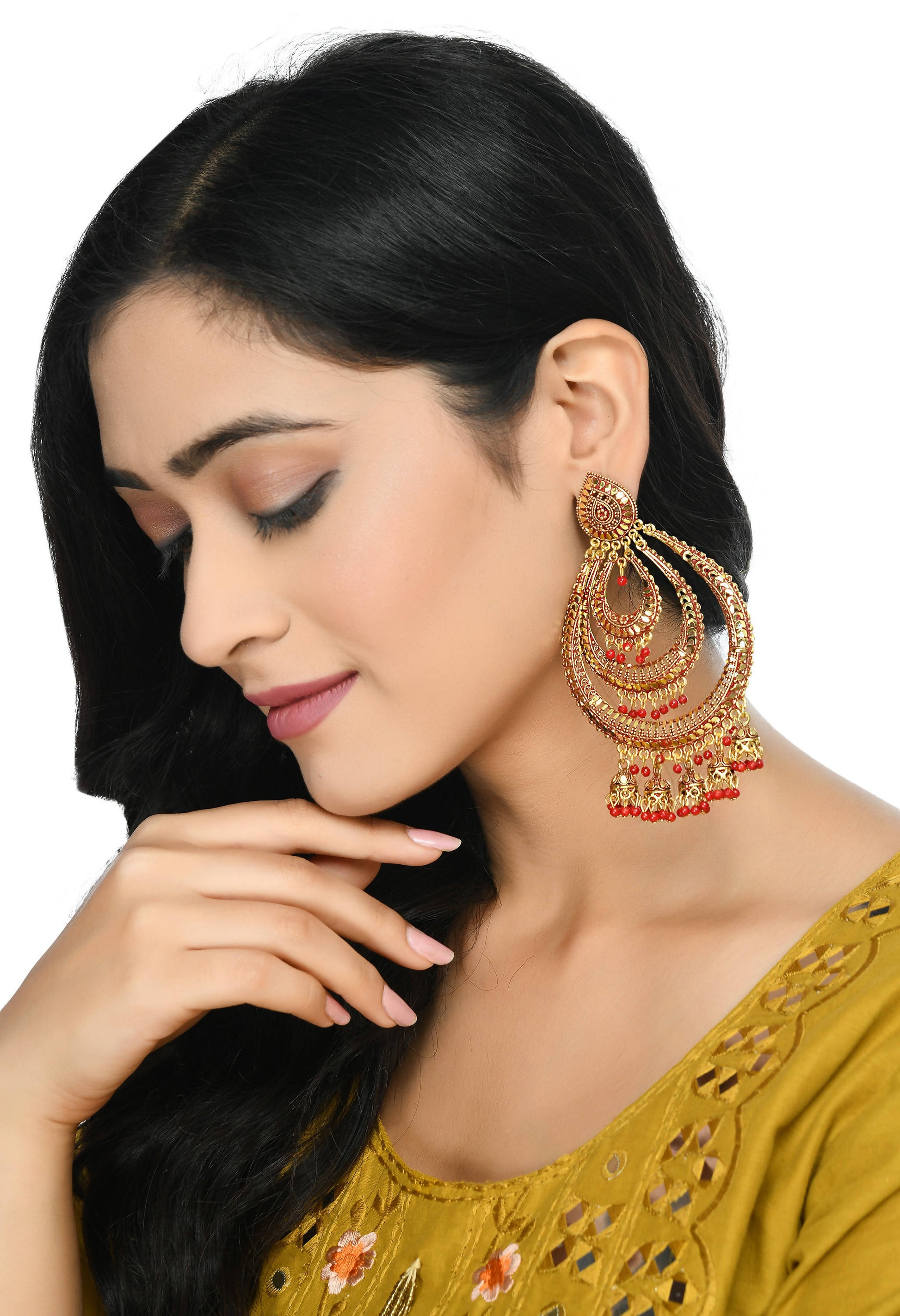 Mominos Fashion Johar Kamal Triple Circle White With Red Big Size Earrings - Grab2buy