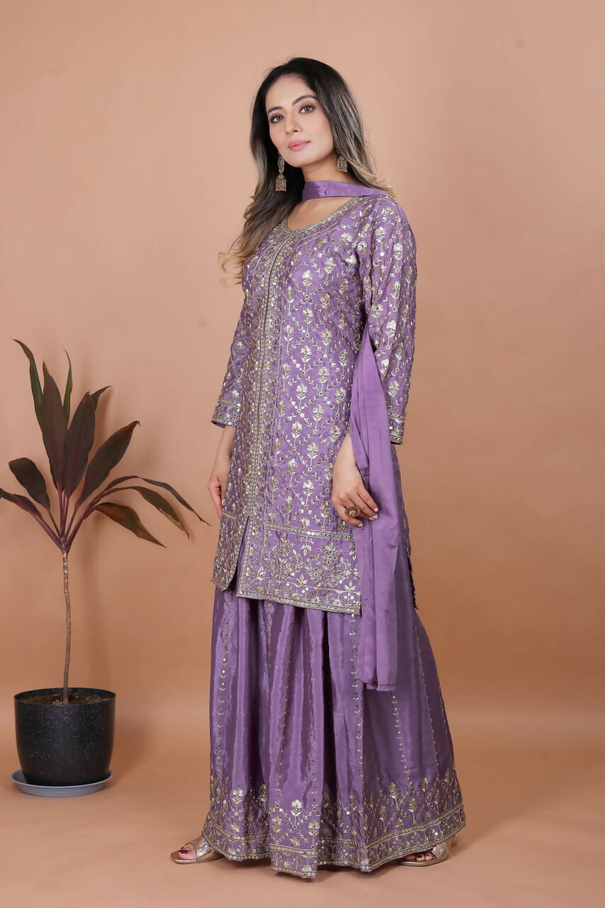 Joban Fashion Purple Silk Embroidered Sharara Set