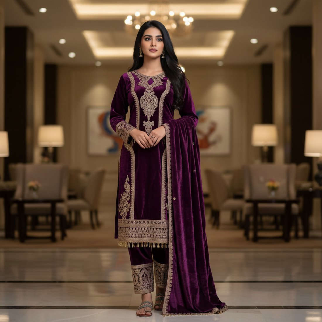 Joban Fashion Purple Velvet Embroidery Sequence Work Readymade Kurta Set