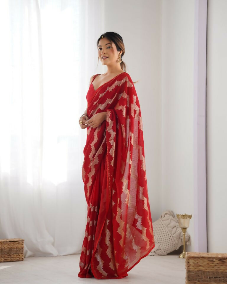 Red Georgette Sequance Embroidery Work Border Saree - Sitare