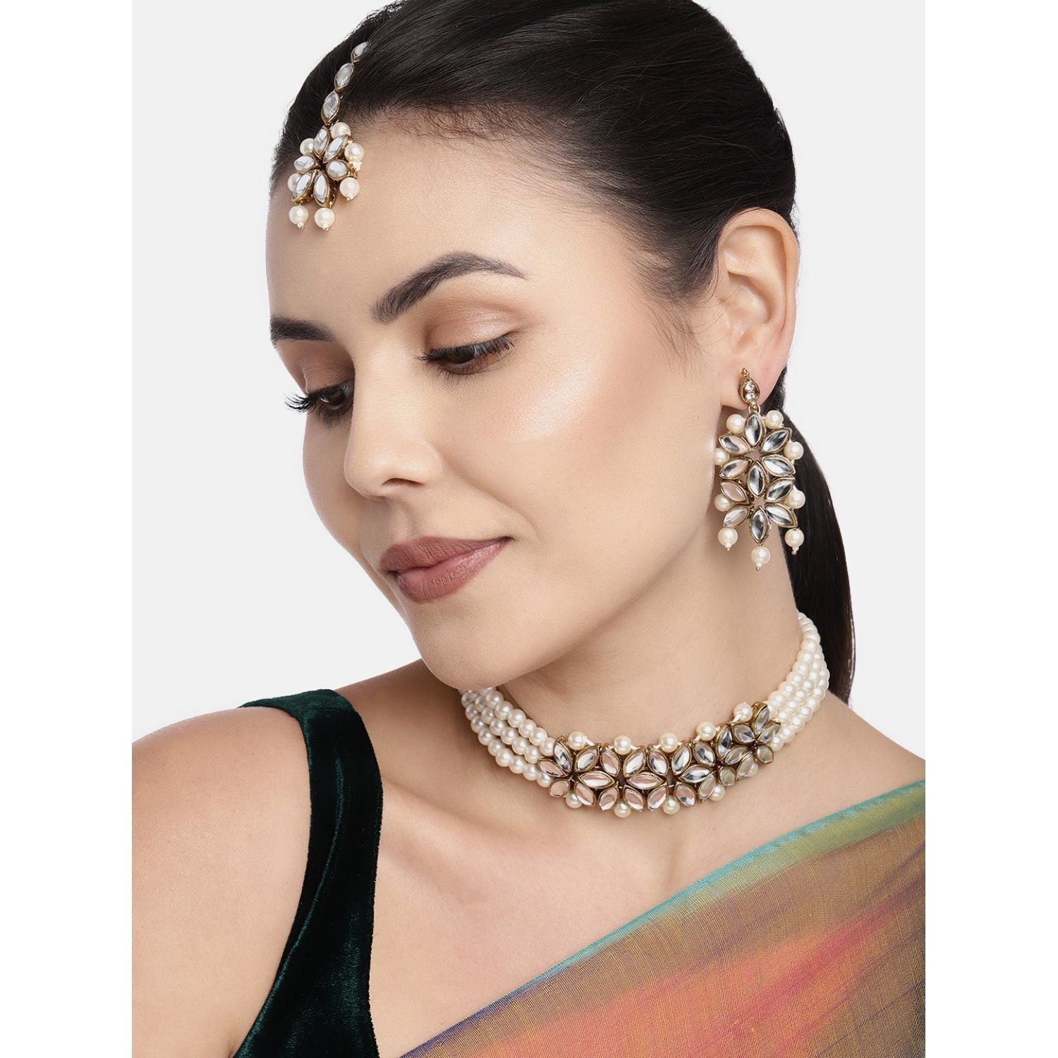 Gold-Polished Kundan & Pearl Beaded Choker Set for Women/Girls - Wahe Jewels Noz2Toz