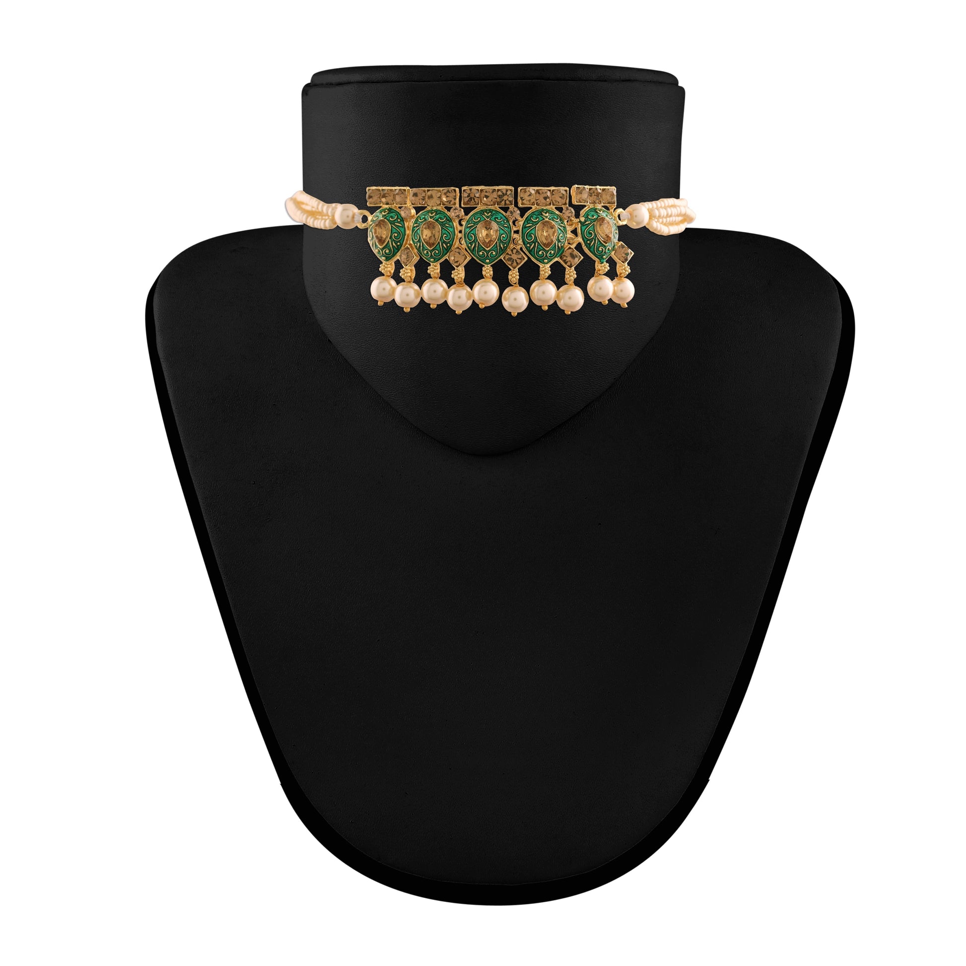 Gold-Polished Green Meenakari Choker Set Glided With Pearls For Women/Girls - Wahe Jewels Noz2Toz
