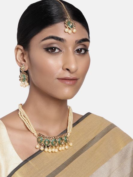 Gold-Polished Green Meenakari Choker Set Glided With Pearls For Women/Girls - Wahe Jewels Noz2Toz