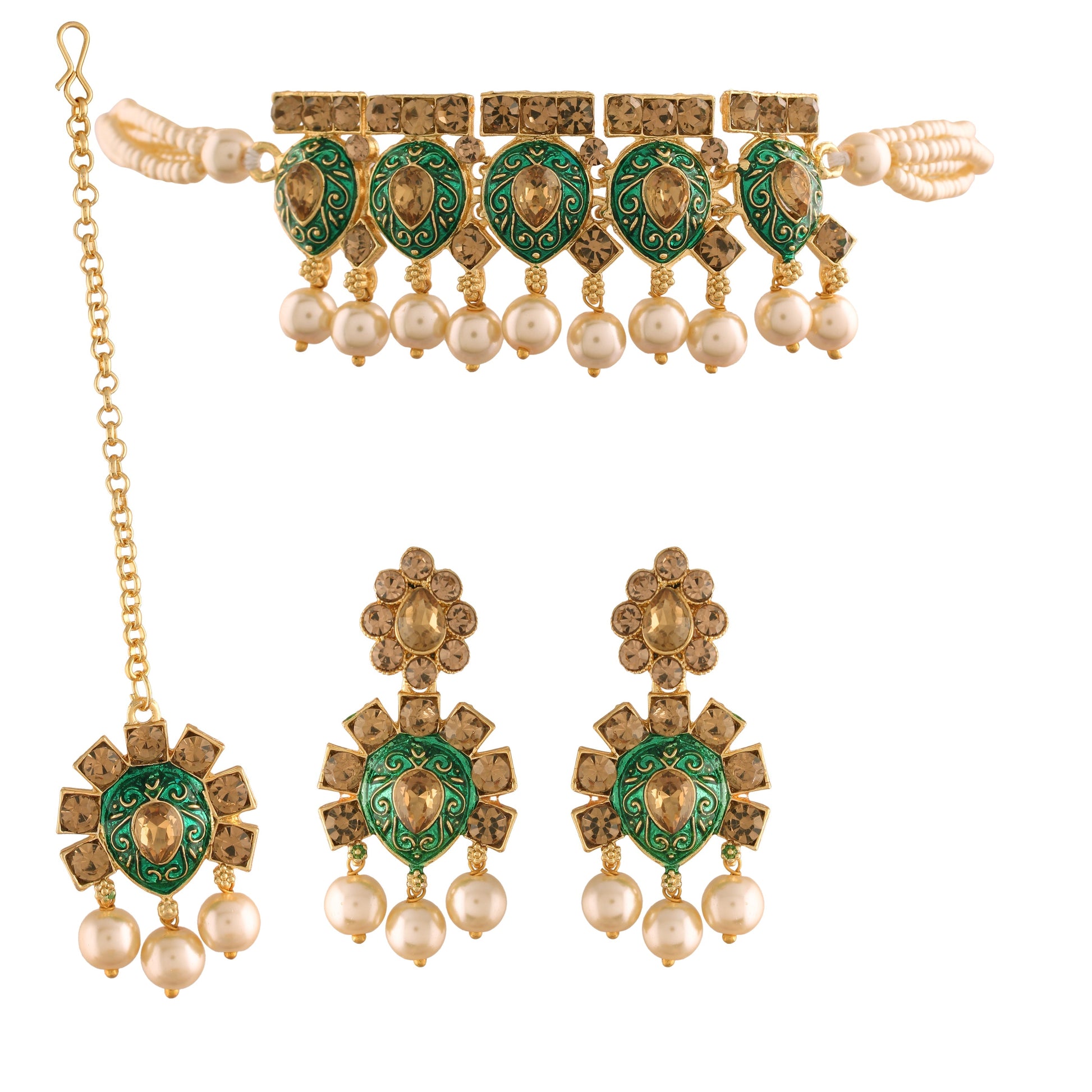 Gold-Polished Green Meenakari Choker Set Glided With Pearls For Women/Girls - Wahe Jewels Noz2Toz