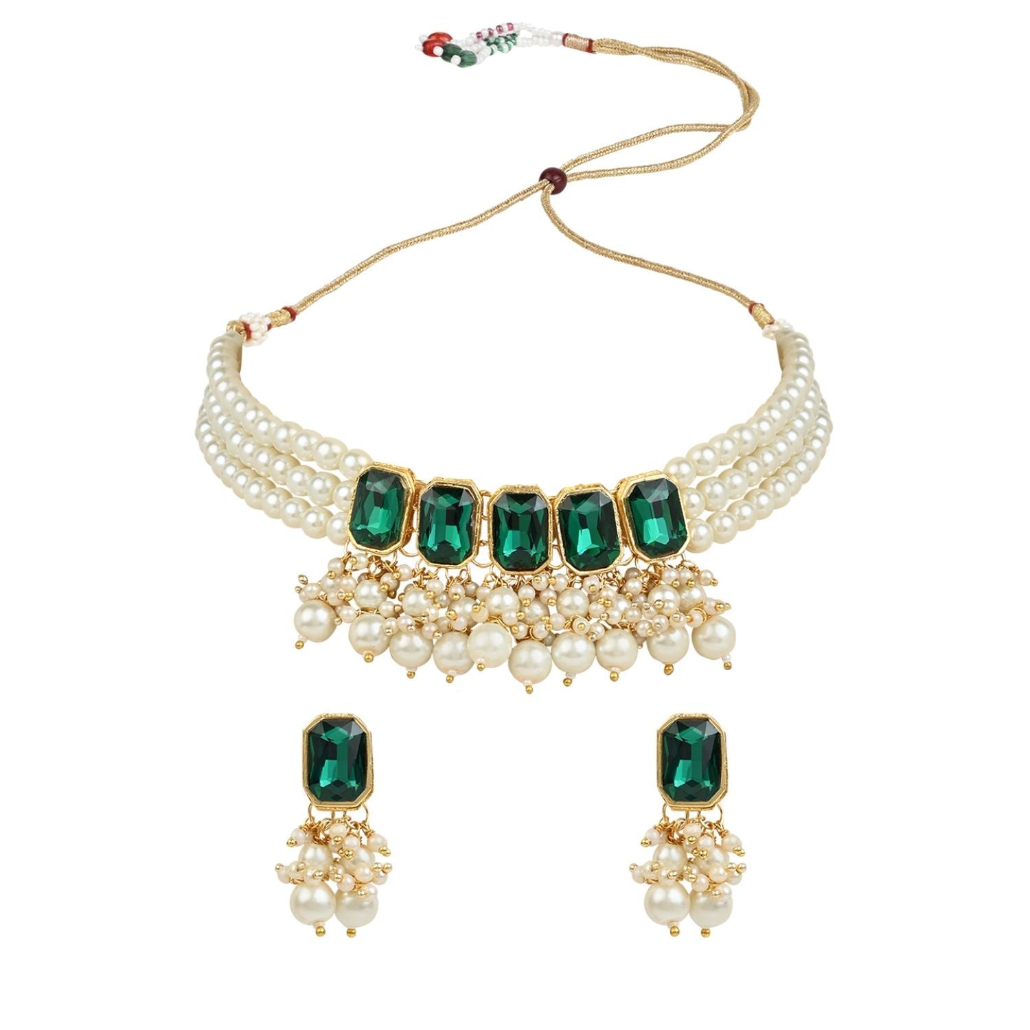 Gold-Polished Traditional Green Stone Studded Multi Layered White Pearl Choker Necklace Jewellery Set with Earrings for Women And Girls - Wahe Jewels Noz2Toz