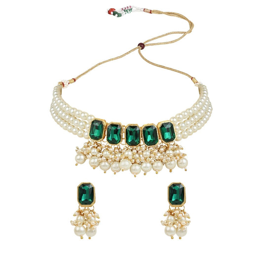 Gold-Polished Traditional Green Stone Studded Multi Layered White Pearl Choker Necklace Jewellery Set with Earrings for Women And Girls - Wahe Jewels Noz2Toz