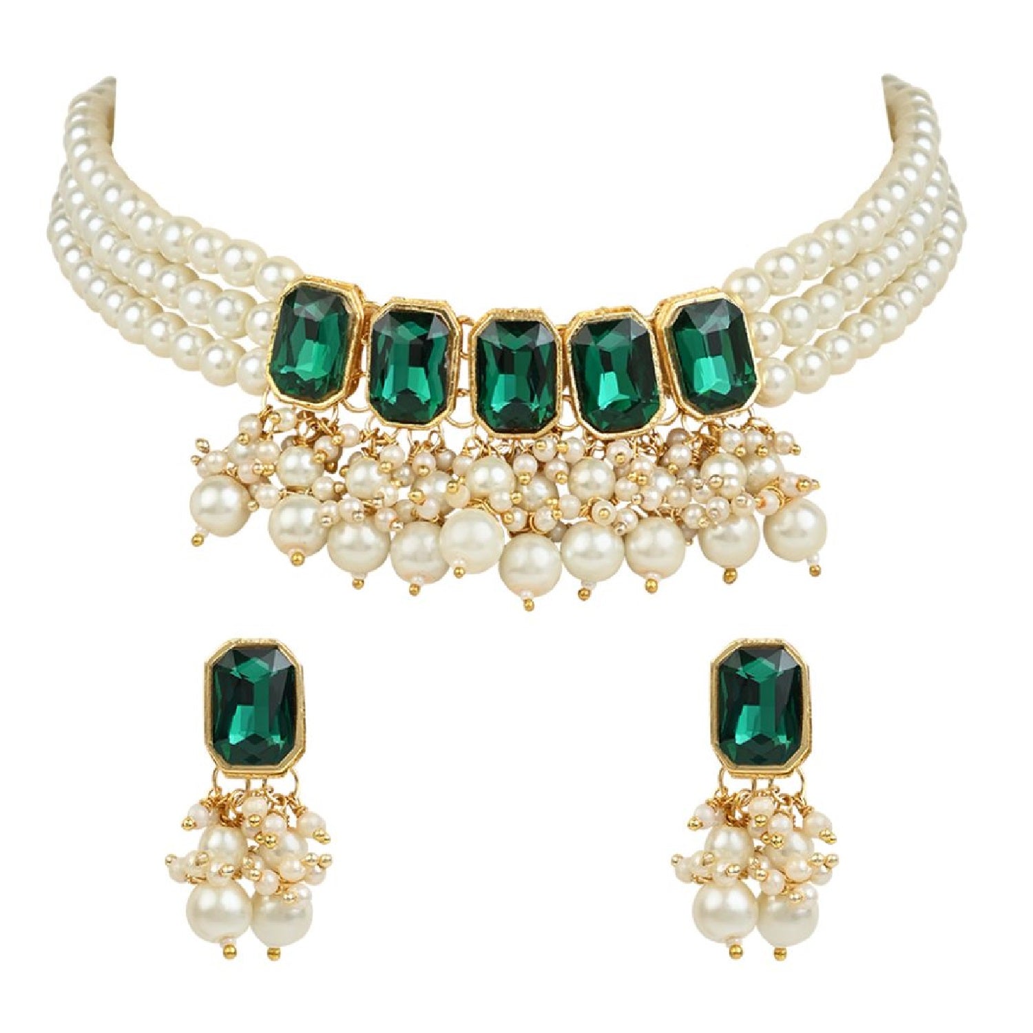 Gold-Polished Traditional Green Stone Studded Multi Layered White Pearl Choker Necklace Jewellery Set with Earrings for Women And Girls - Wahe Jewels Noz2Toz