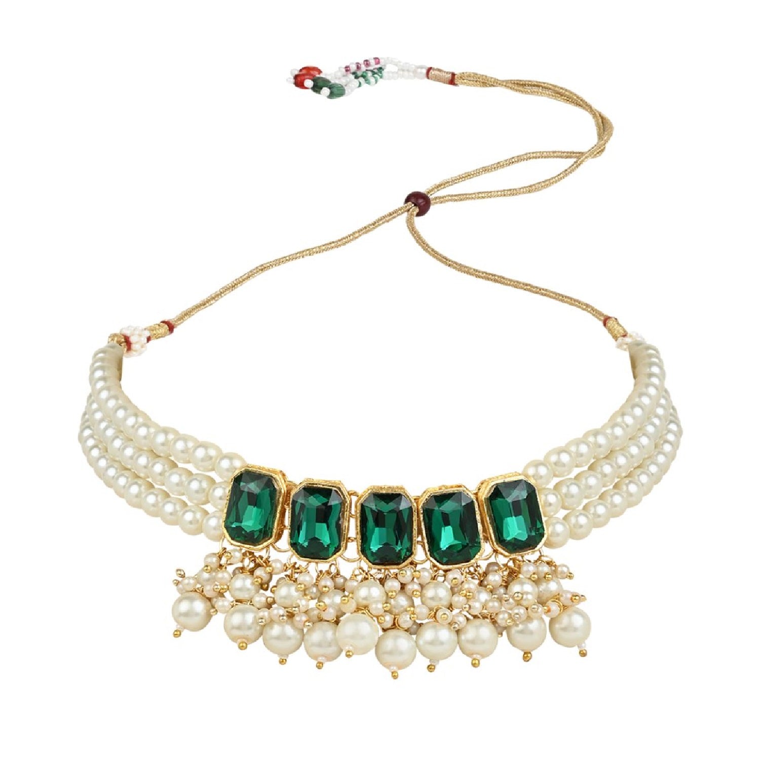 Gold-Polished Traditional Green Stone Studded Multi Layered White Pearl Choker Necklace Jewellery Set with Earrings for Women And Girls - Wahe Jewels Noz2Toz