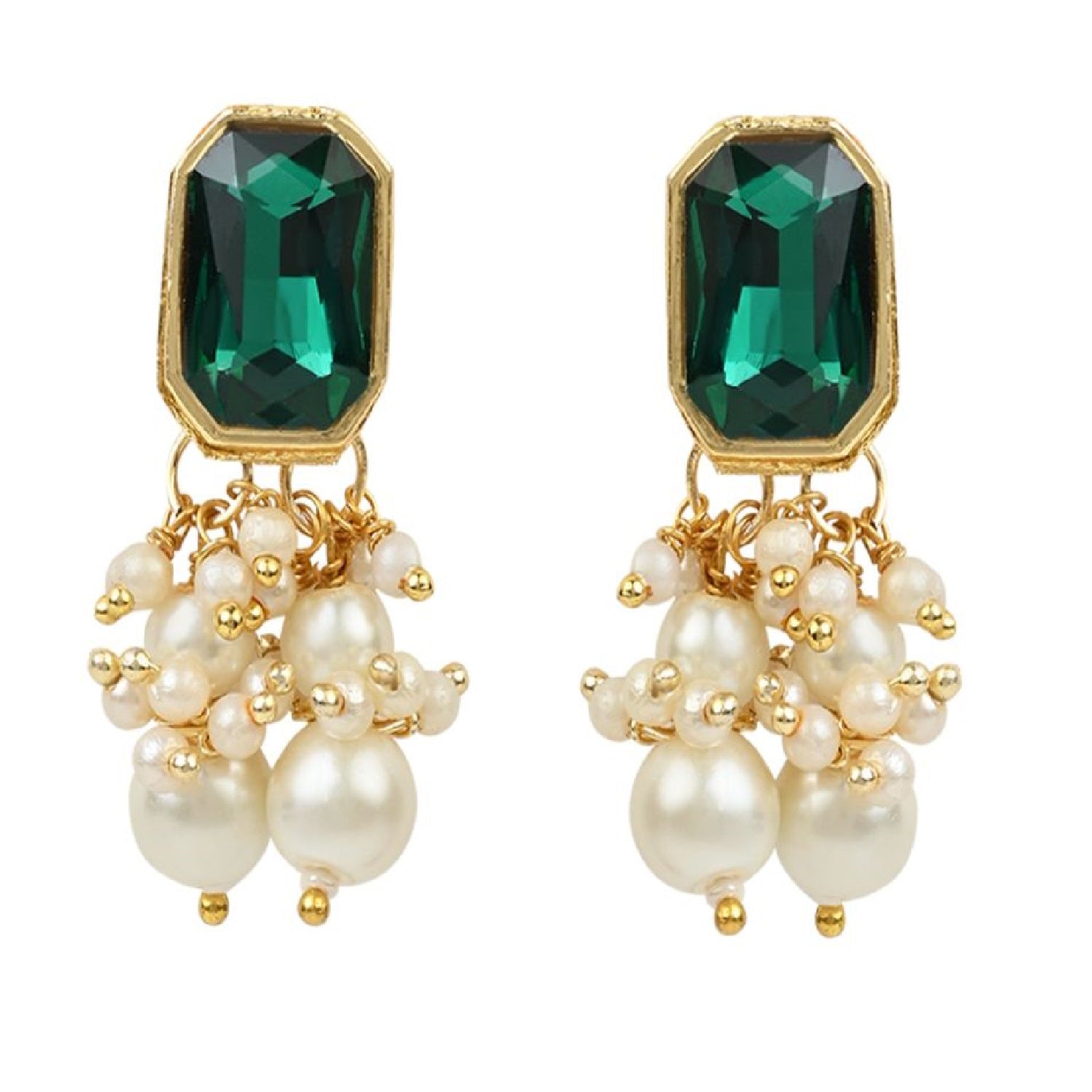 Gold-Polished Traditional Green Stone Studded Multi Layered White Pearl Choker Necklace Jewellery Set with Earrings for Women And Girls - Wahe Jewels Noz2Toz