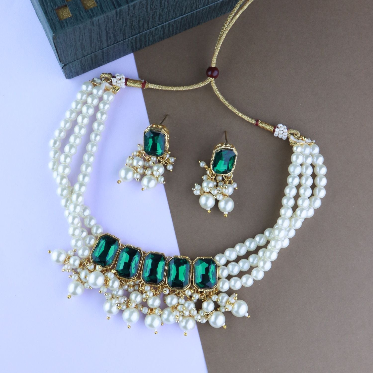 Gold-Polished Traditional Green Stone Studded Multi Layered White Pearl Choker Necklace Jewellery Set with Earrings for Women And Girls - Wahe Jewels Noz2Toz