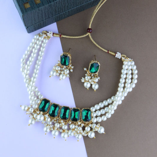 Gold-Polished Traditional Green Stone Studded Multi Layered White Pearl Choker Necklace Jewellery Set with Earrings for Women And Girls - Wahe Jewels Noz2Toz