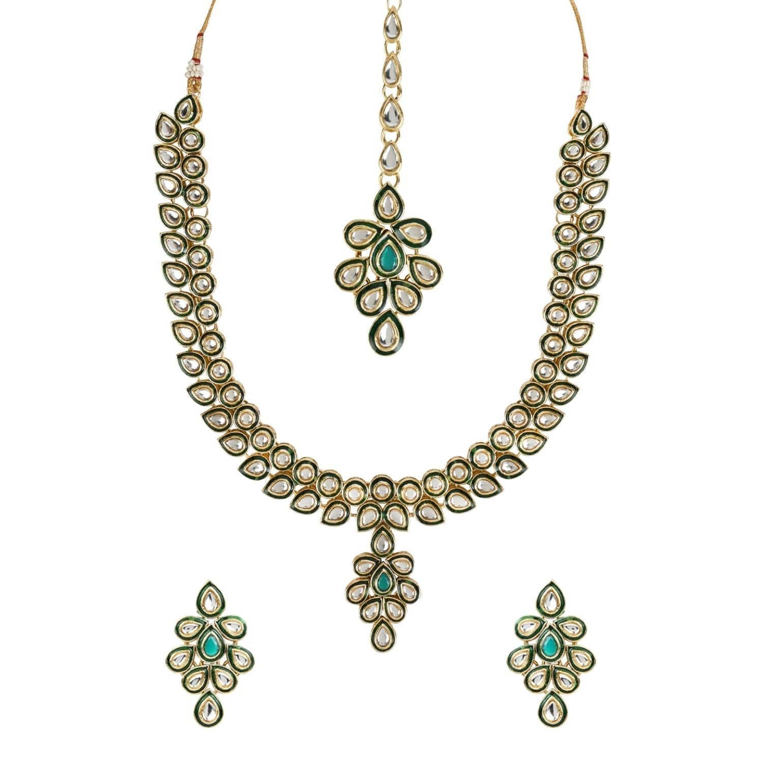 Gold-Polished Traditional Green Meenakari Handcrafted Kundan Necklace With Dangle Earrings & Maang Tikka Jewellery Set For Women/Girls - Wahe Jewels Noz2Toz