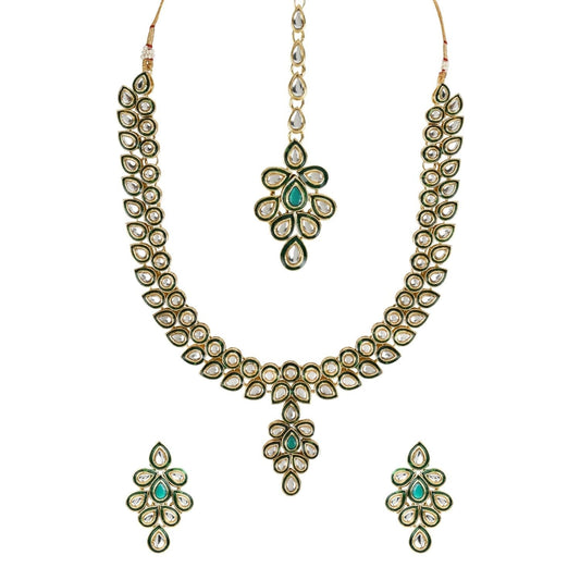 Gold-Polished Traditional Green Meenakari Handcrafted Kundan Necklace With Dangle Earrings & Maang Tikka Jewellery Set For Women/Girls - Wahe Jewels Noz2Toz