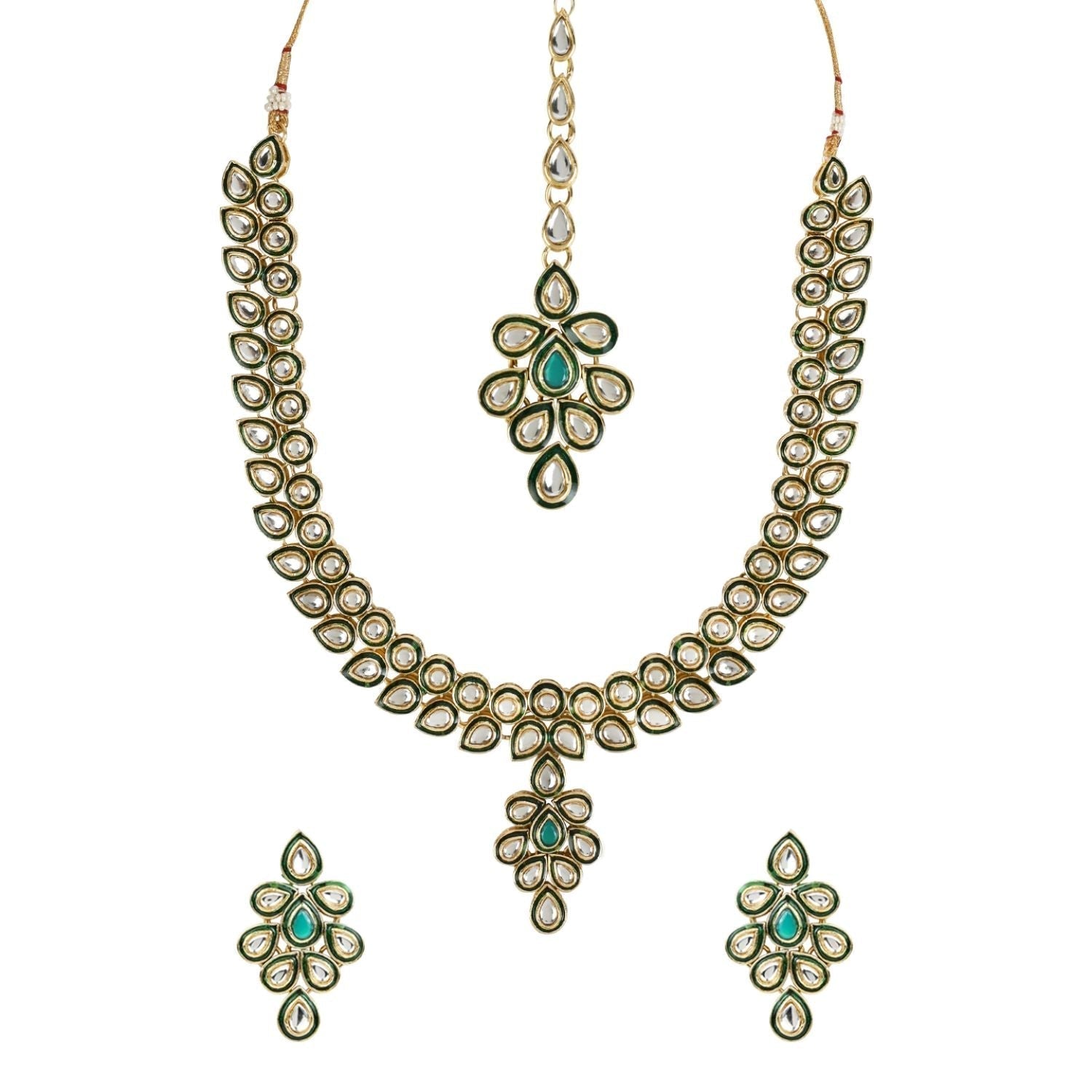 Gold-Polished Traditional Green Meenakari Handcrafted Kundan Necklace With Dangle Earrings & Maang Tikka Jewellery Set For Women/Girls - Wahe Jewels - Swadesiicart