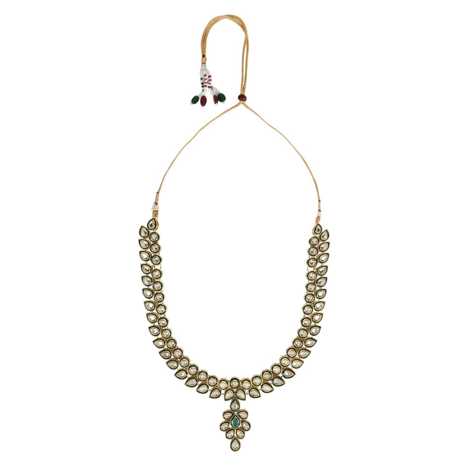 Gold-Polished Traditional Green Meenakari Handcrafted Kundan Necklace With Dangle Earrings & Maang Tikka Jewellery Set For Women/Girls - Wahe Jewels Noz2Toz