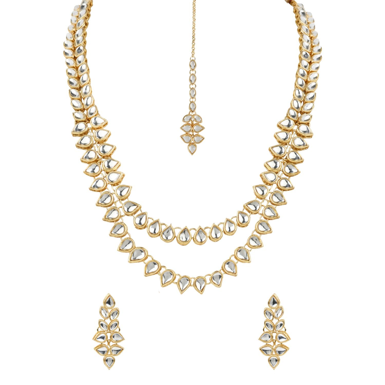 Gold-Polished Traditional Kundan Necklace Jewellery Set with Earrings & Maang Tikka for Women - Wahe Jewels Noz2Toz