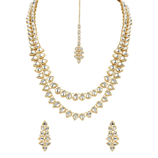 Gold-Polished Traditional Kundan Necklace Jewellery Set with Earrings & Maang Tikka for Women - Wahe Jewels Noz2Toz