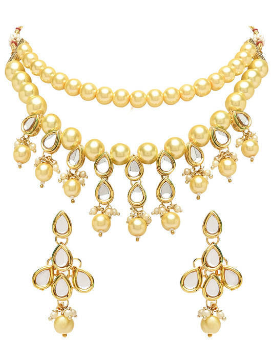 Gold-Polished Traditional Kundan & Pearls Choker Necklace Jewellery Set with Earrings for Women and Girls - Wahe Jewels Noz2Toz