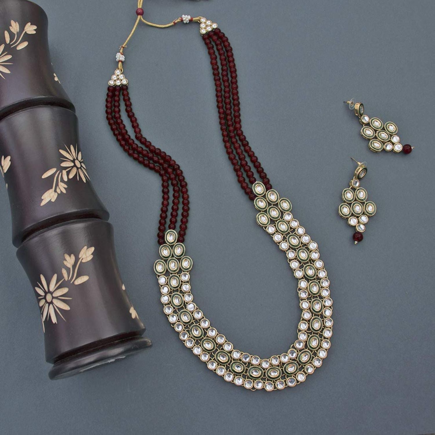 Gold-Polished Traditional Stunning Maroon Meenakari Kundan Studded Pearl Necklace Jewellery Set with Earrings For Women and Girls - Wahe Jewels Noz2Toz