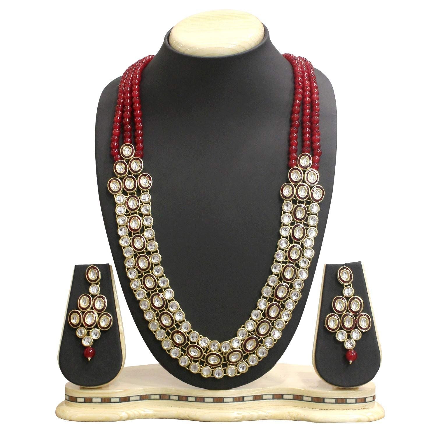 Gold-Polished Traditional Stunning Maroon Meenakari Kundan Studded Pearl Necklace Jewellery Set with Earrings For Women and Girls - Wahe Jewels Noz2Toz