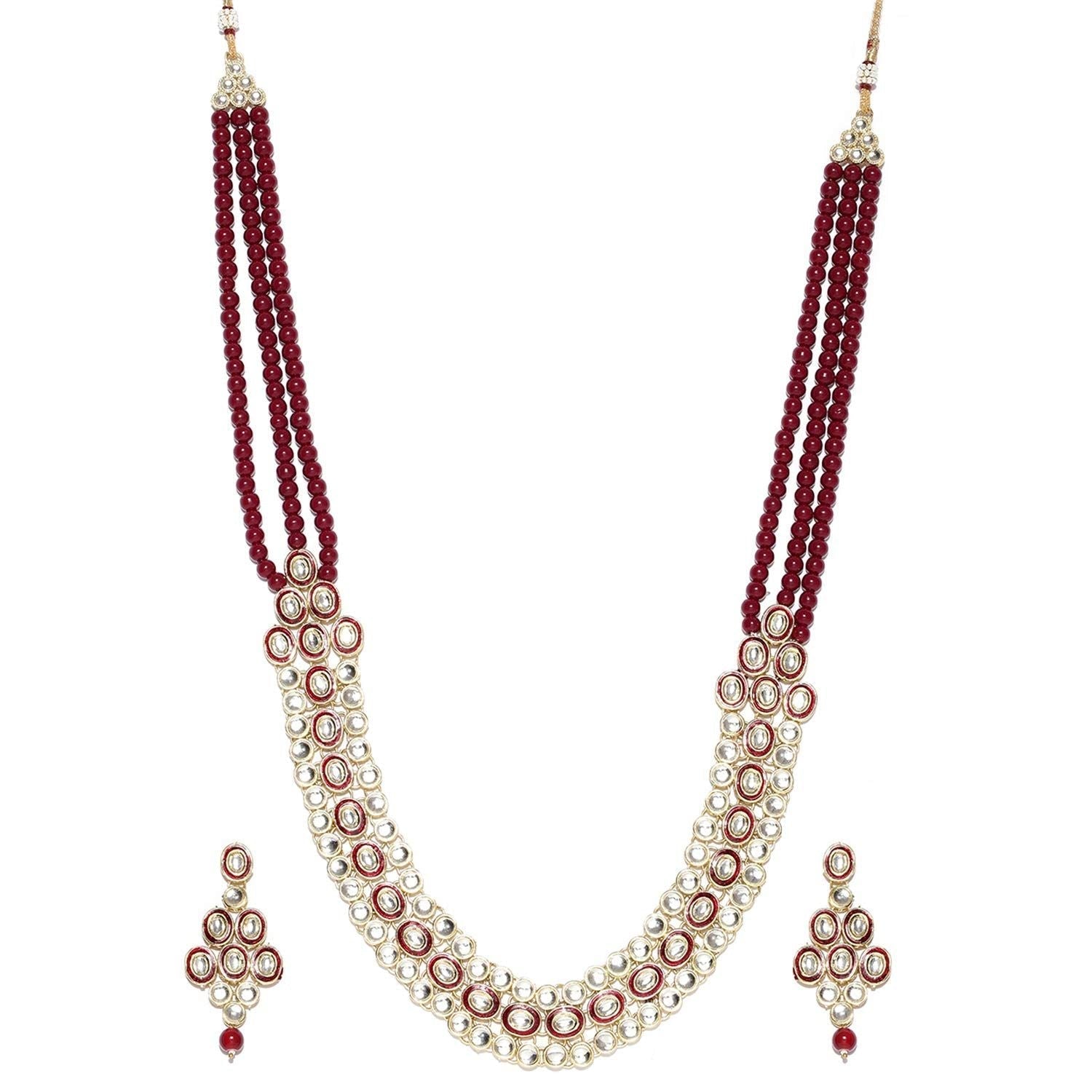 Gold-Polished Traditional Stunning Maroon Meenakari Kundan Studded Pearl Necklace Jewellery Set with Earrings For Women and Girls - Wahe Jewels Noz2Toz