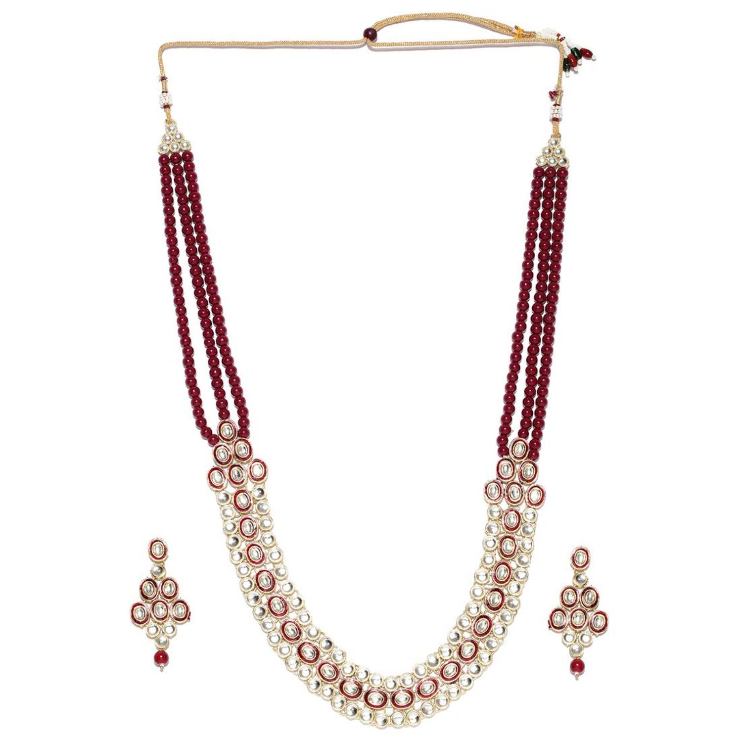Gold-Polished Traditional Stunning Maroon Meenakari Kundan Studded Pearl Necklace Jewellery Set with Earrings For Women and Girls - Wahe Jewels Noz2Toz