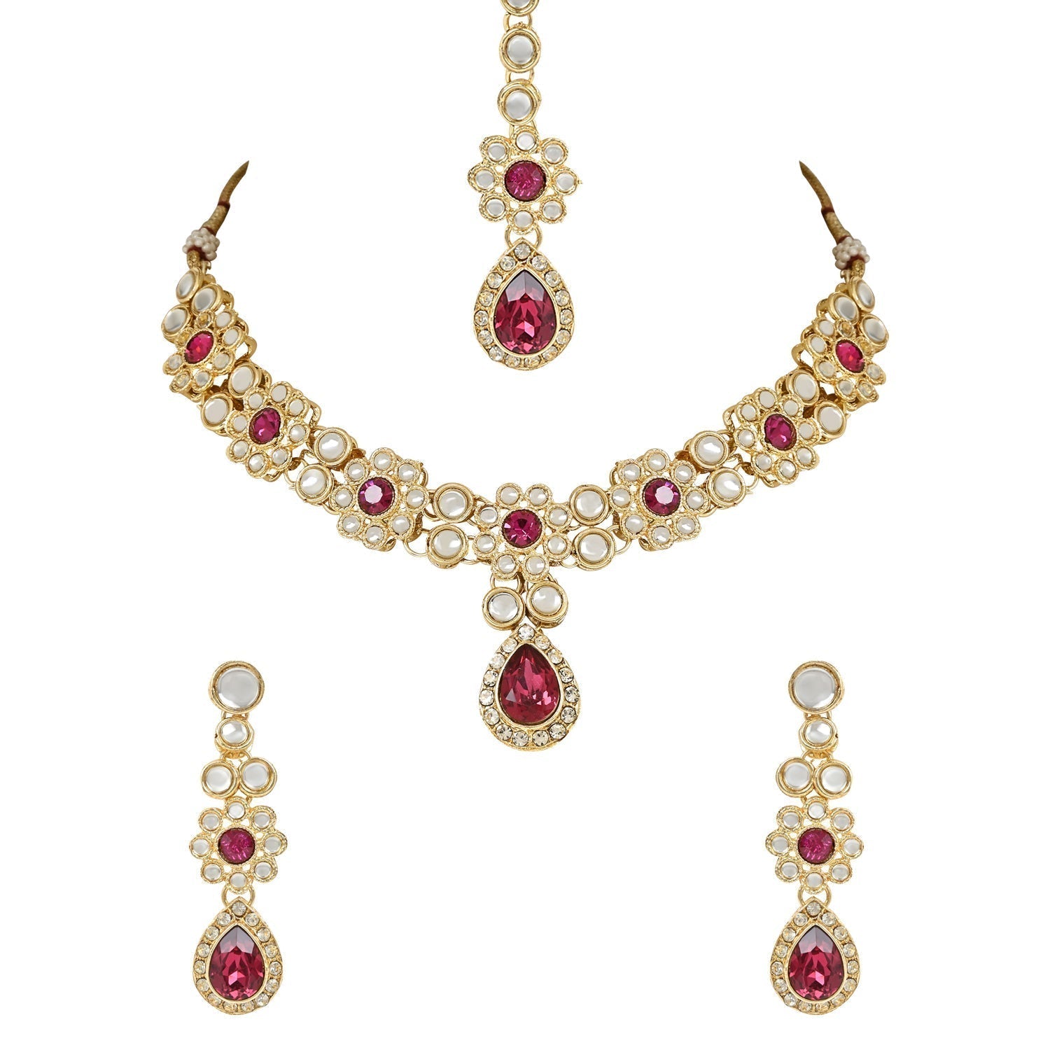 Gold-Polished Traditional Floral Design Kundan Stones Studed Necklace Jewellery Set with Earrings & Maang Tikka for Women And Girls - Wahe Jewels - Swadesiicart