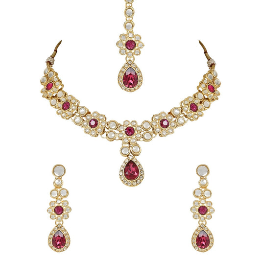 Gold-Polished Traditional Floral Design Kundan Stones Studed Necklace Jewellery Set with Earrings & Maang Tikka for Women And Girls - Wahe Jewels - Swadesiicart