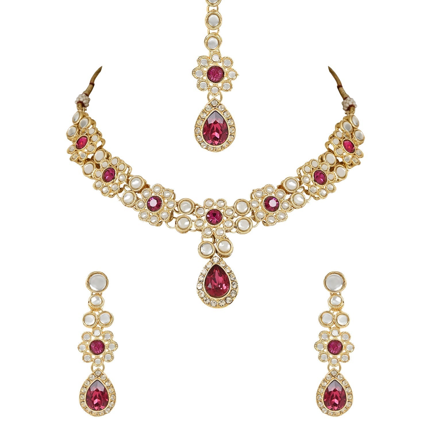 Gold-Polished Traditional Floral Design Kundan Stones Studed Necklace Jewellery Set with Earrings & Maang Tikka for Women And Girls - Wahe Jewels Noz2Toz