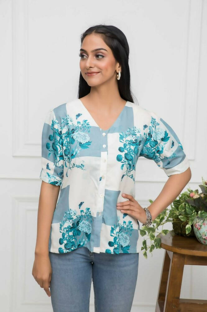 Myshka Women White Floral V-Neck Flutter Sleeves Viscose Rayon Top