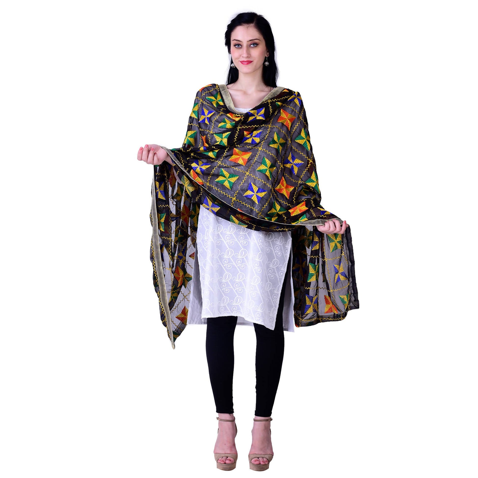 SWI Stylish Women's Embroidered Phulkari Chiffon Black Dupatta