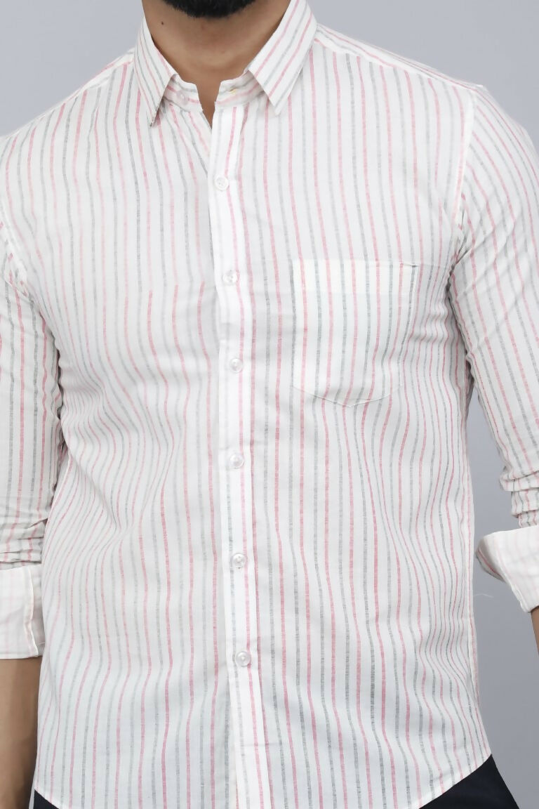 Miravan Men's White Spread Collar Striped Print Casual Shirt 