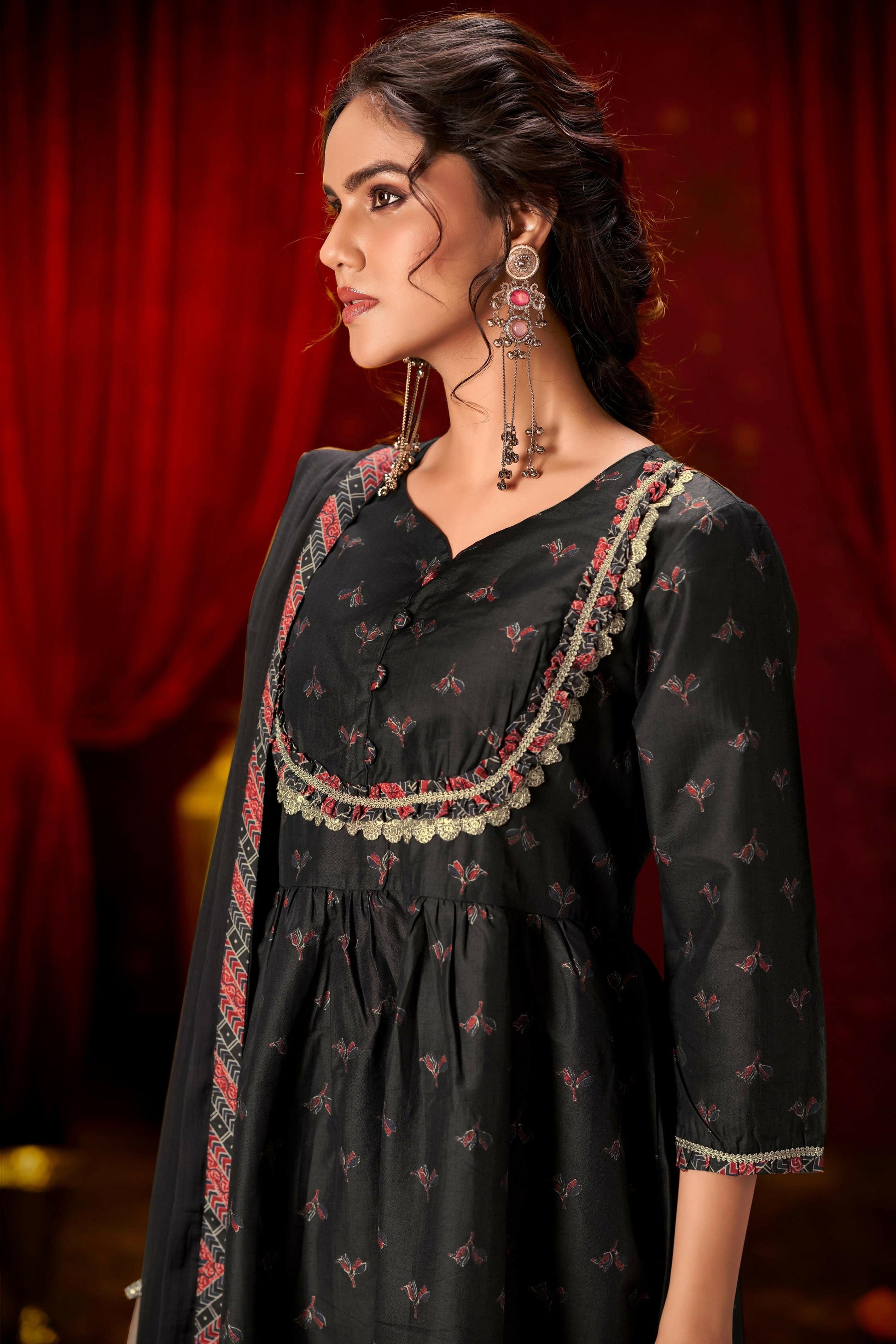 BulBul Black Ajrakh Print Chanderi Silk Kurta Set with Dupatta 