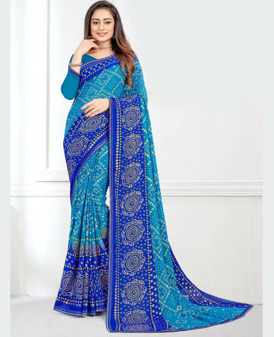 Sky Blue Georgette Bandhani Printed Saree With Unstitched Blouse Piece - Jyoti