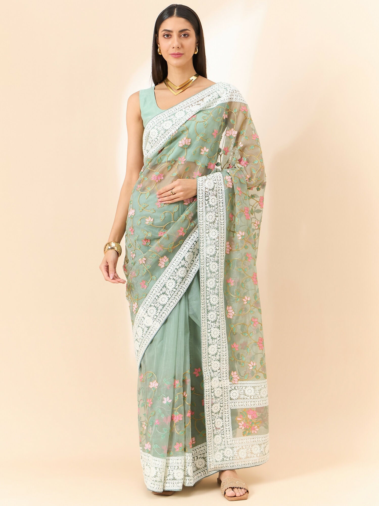 Green Organza Floral Embroidered Saree with Unstitched Blouse Piece - Roozal