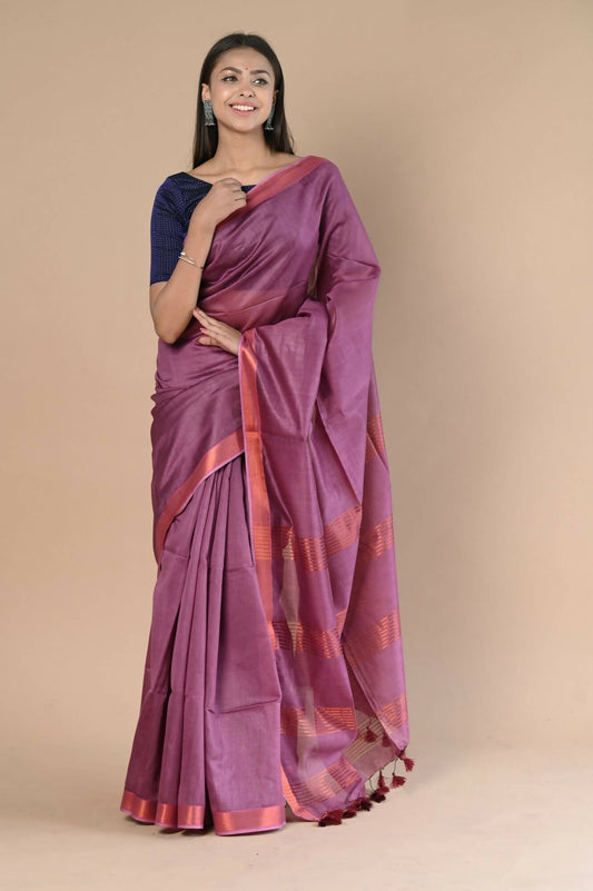 Very Much Indian Handloom Cotton Silk Maheshwari Grab2Buy With Sleek Golden Border - Maroon 