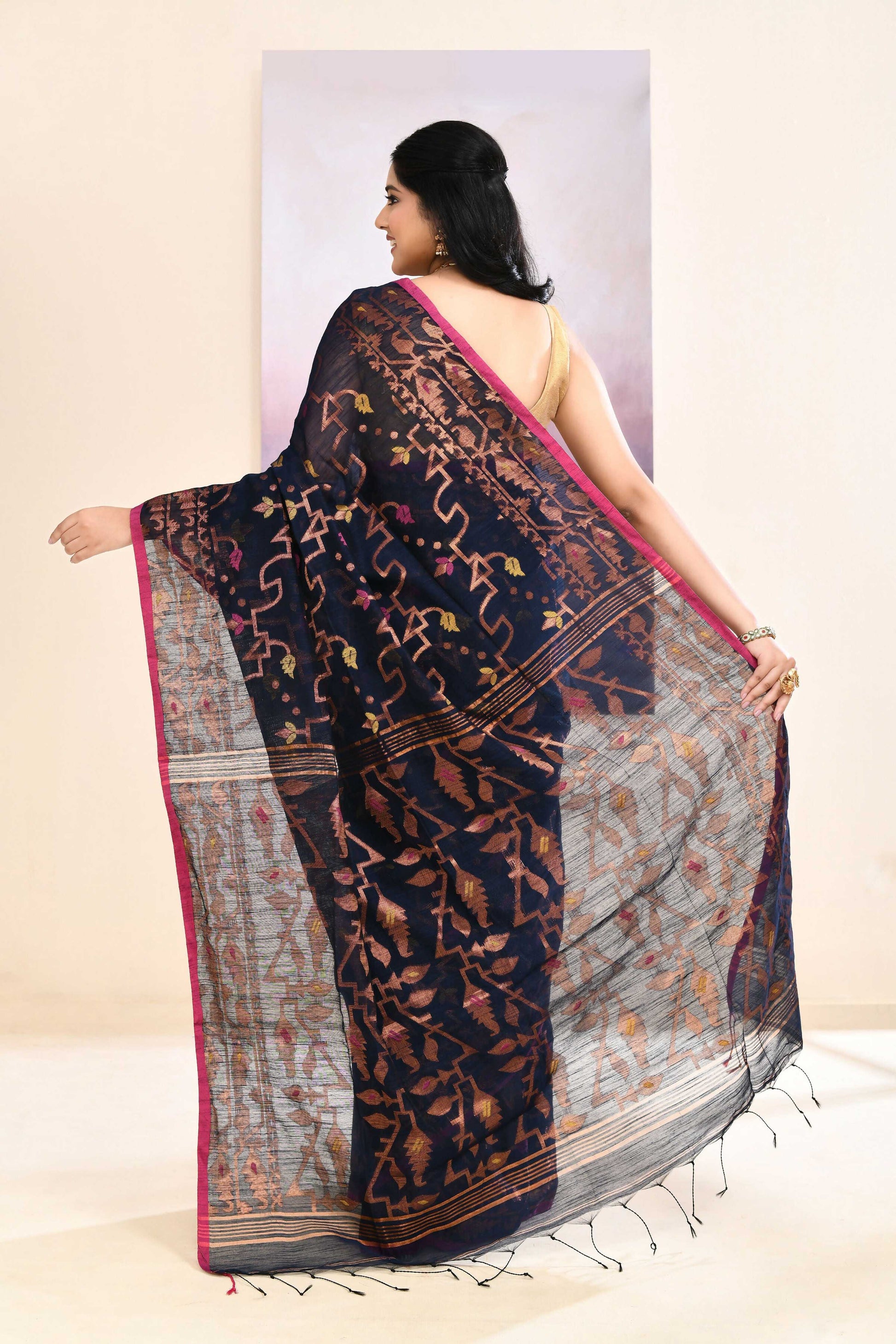 Piyari Fashion Women's Navy Blue Embellished Cotton Blend Jamdani Saree