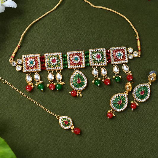 Mominos Fashion Johar Kamal Gold-Plated Brass Finish Meena & Pearls Work Choker For Women - Grab2buy