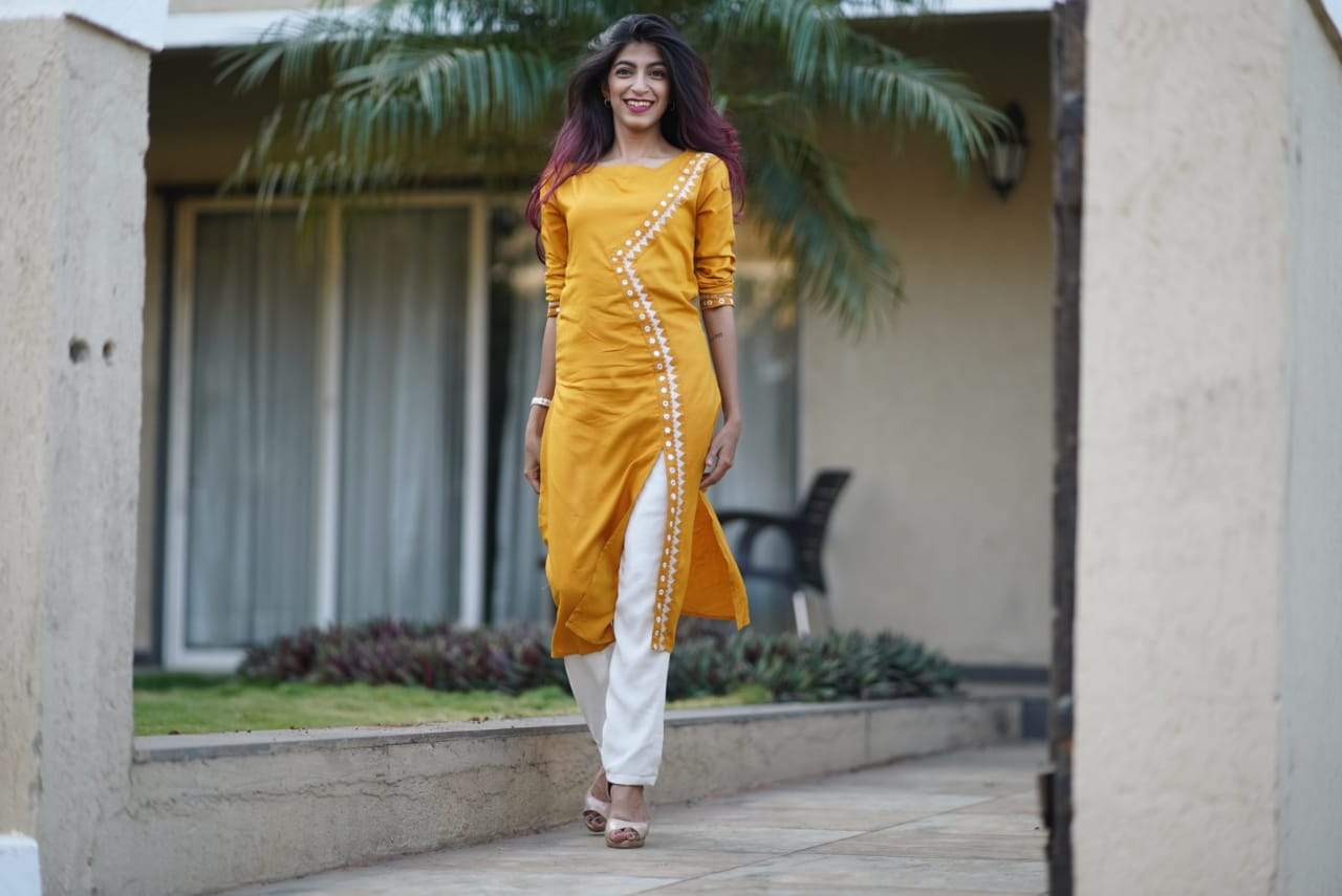Jompers Women Mustard Embroidered Straight Kurta