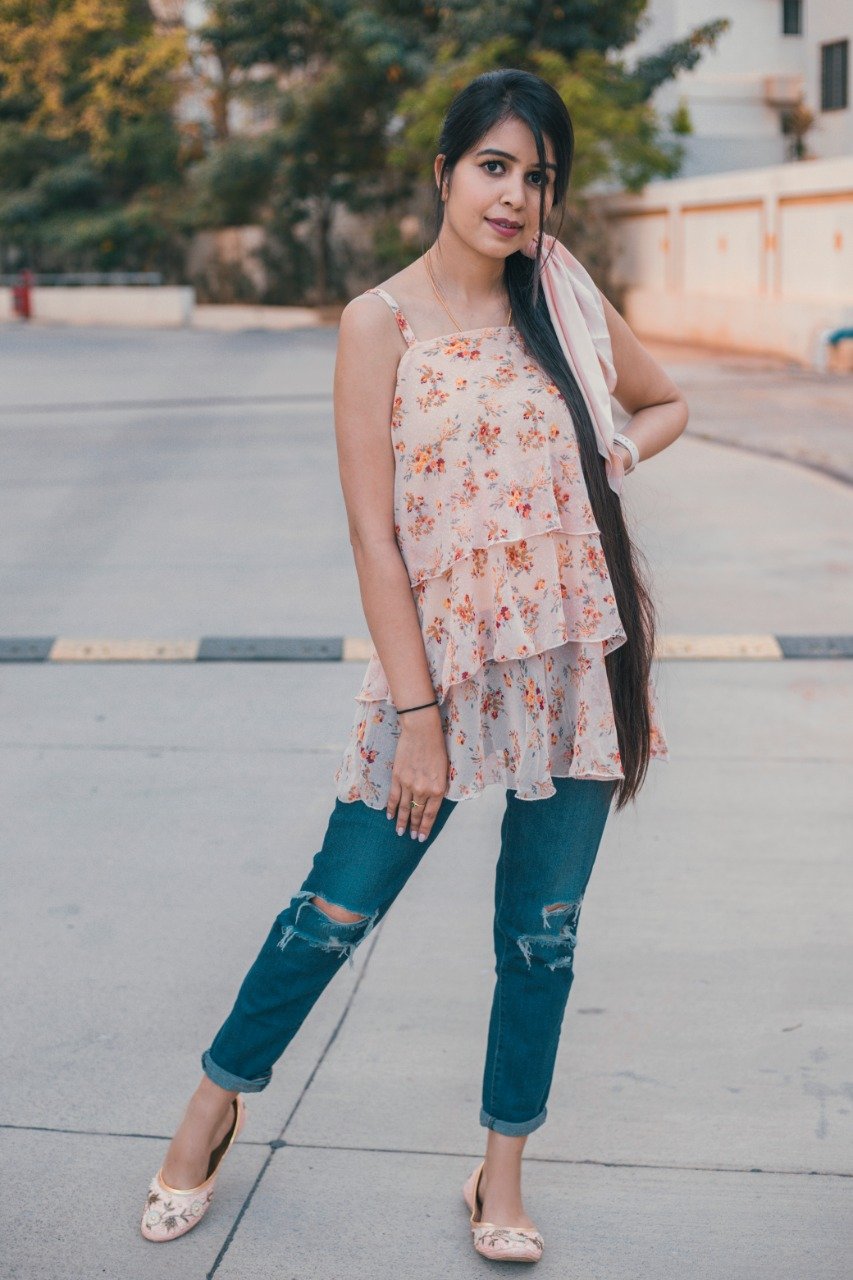 Jompers Women Peach-Coloured & Grey Printed Tiered Top