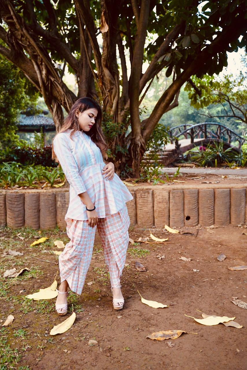 Jompers Women Orange and White Striped Kurta with Dhoti Pants
