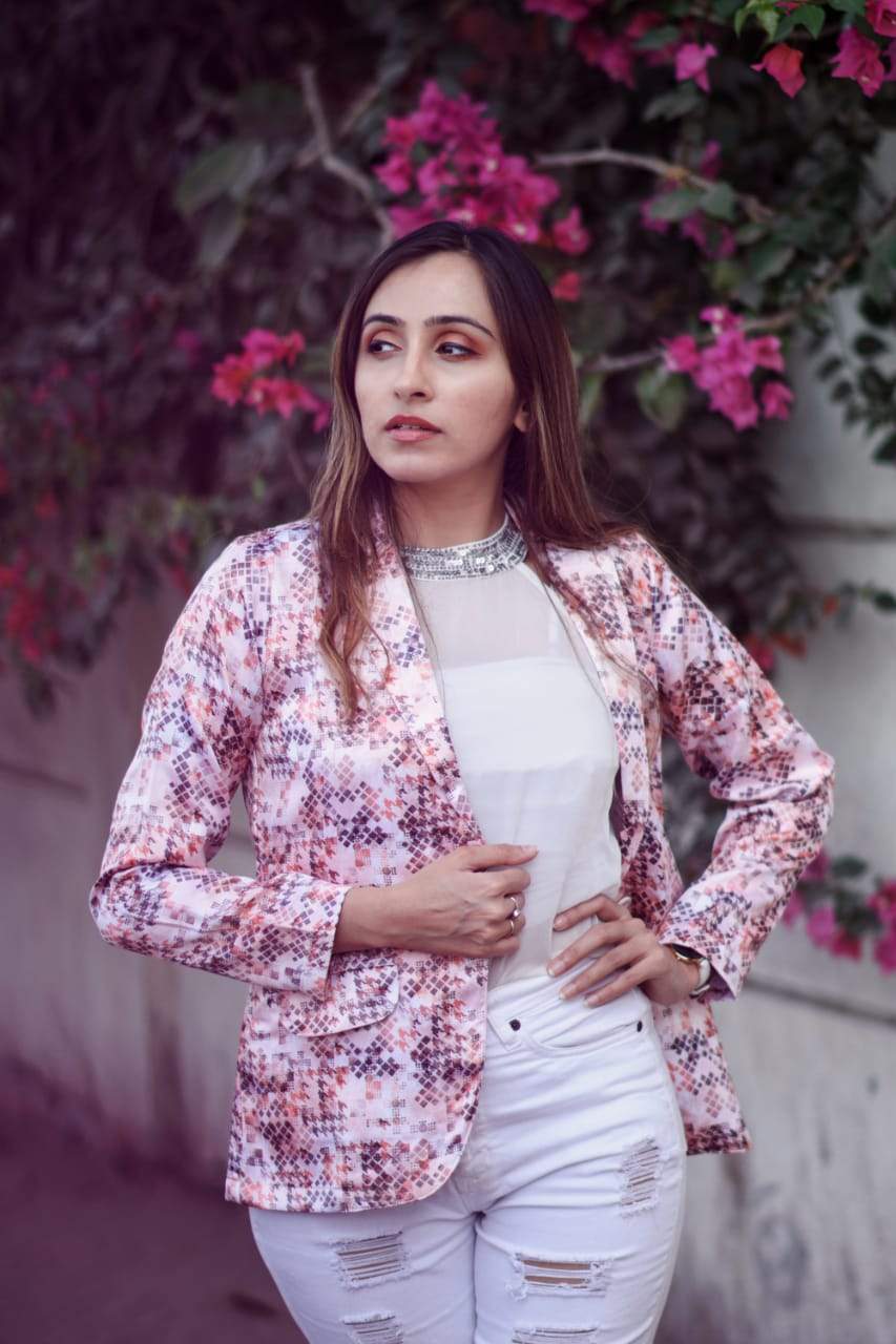 Jompers Women Peach-Coloured & Grey Satin Printed Single-Breasted Casual Blazer