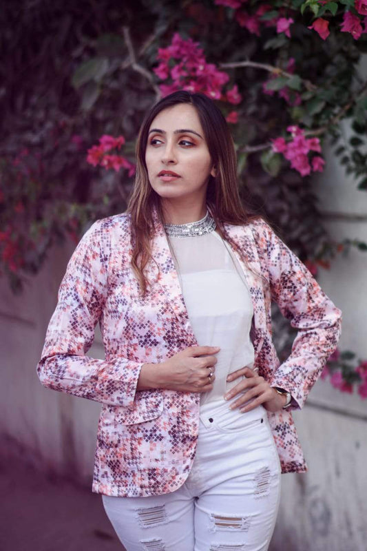 Jompers Women Peach-Coloured & Grey Satin Printed Single-Breasted Casual Blazer