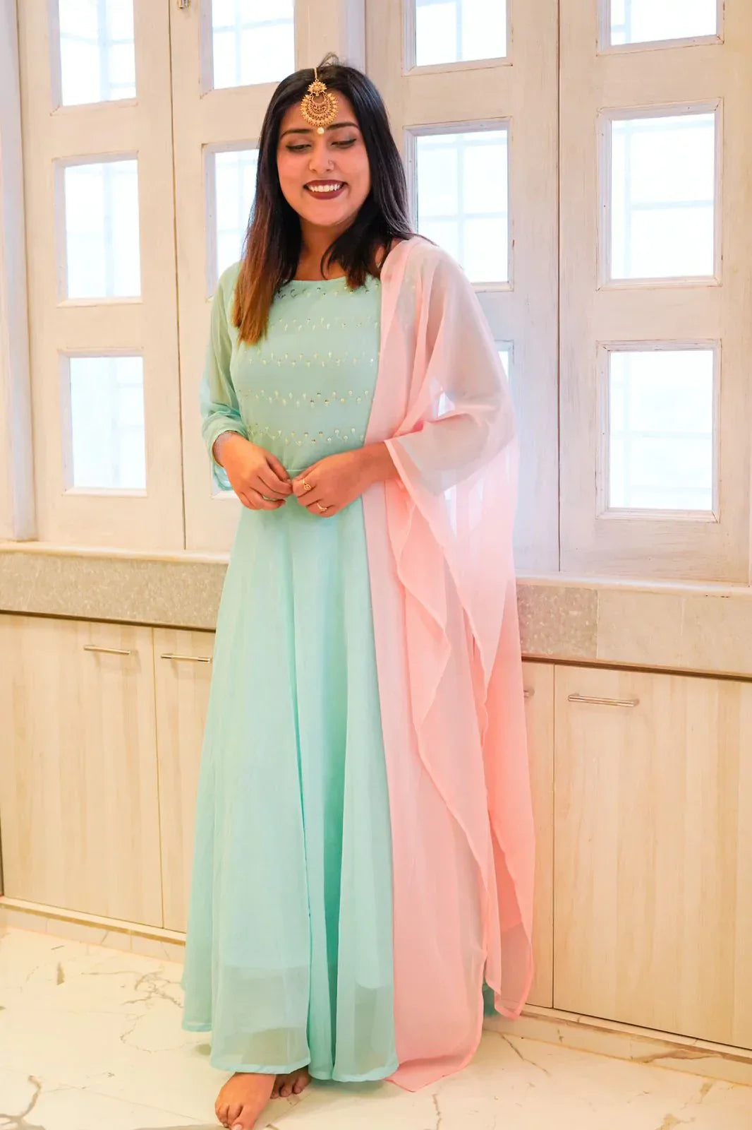 Jompers Women's Turquoise Blue Embroidered Regular Sequinned Kurta with Trousers & Dupatta