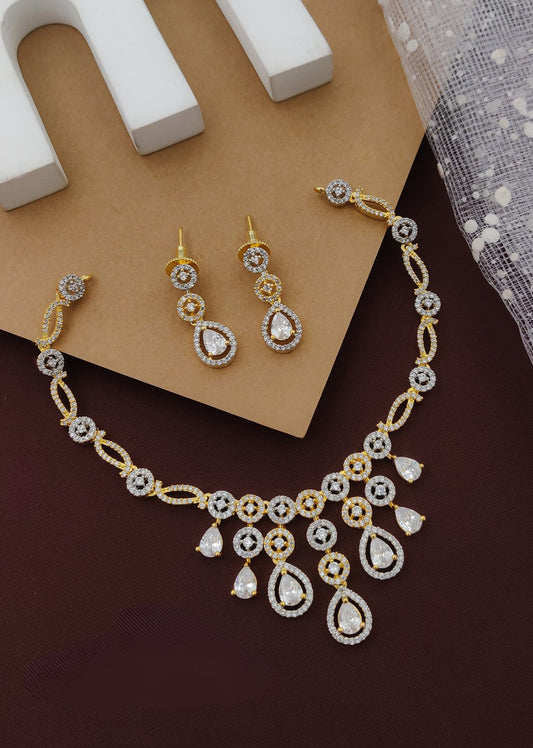 Golden Partywear American Diamond Gold-Polished Necklace Set By House of Ree