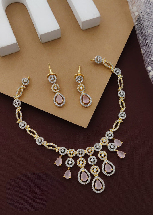 Light Pink Partywear American Diamond Gold-Polished Necklace Set By House of Ree