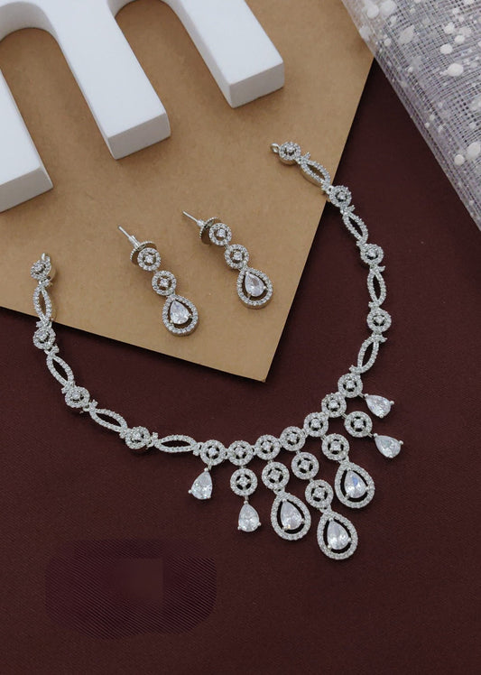 Silver Partywear American Diamond Rhodium Plated Necklace Set By House of Ree